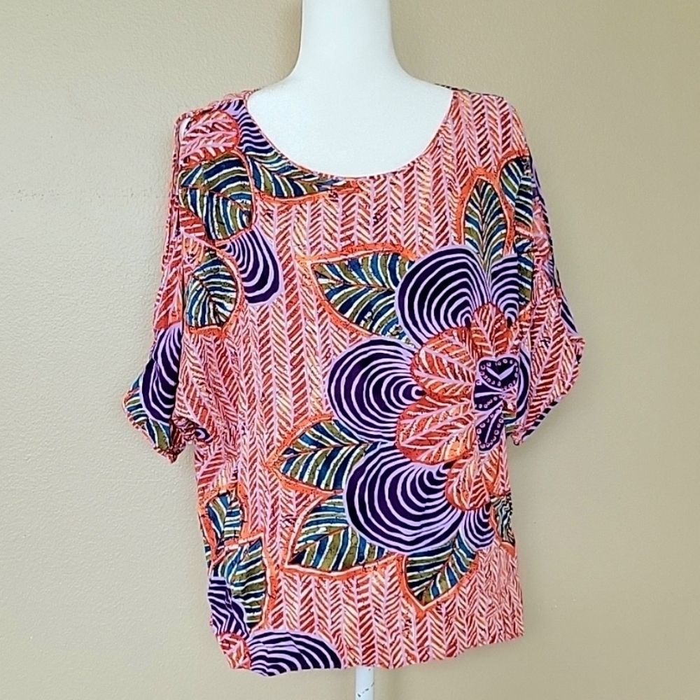 Jams World Hawaii Pion Passion Floral Cold Shoulder Rayon Blouse Top - Size M